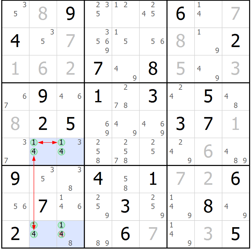 Position des candidats pour la solution de la Gr 41 page 44 du magazine de sudoku Maestro n° 086