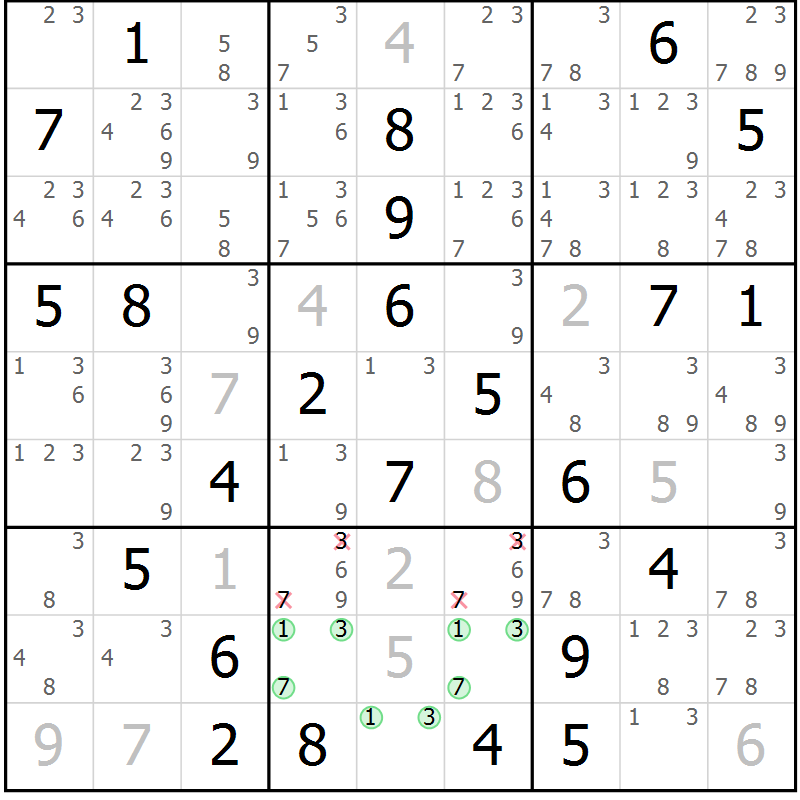Position des candidats pour la solution de la Gr 43 page 46 du magazine de sudoku Maestro n° 086
