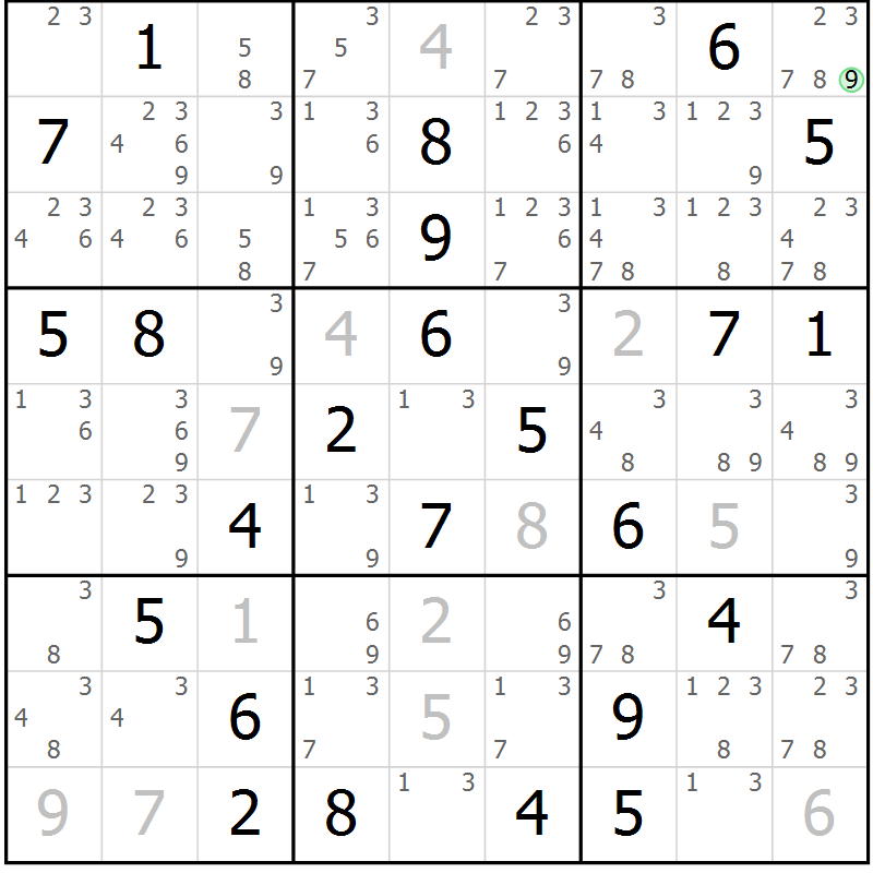 Position des candidats pour la solution de la Gr 43 page 46 du magazine de sudoku Maestro n° 086