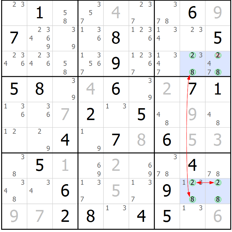 Position des candidats pour la solution de la Gr 43 page 46 du magazine de sudoku Maestro n° 086