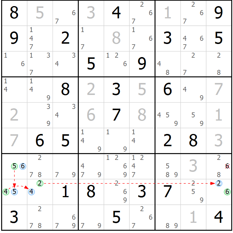Position des candidats pour la solution de la Gr 46 page 49 du magazine de sudoku Maestro n° 086