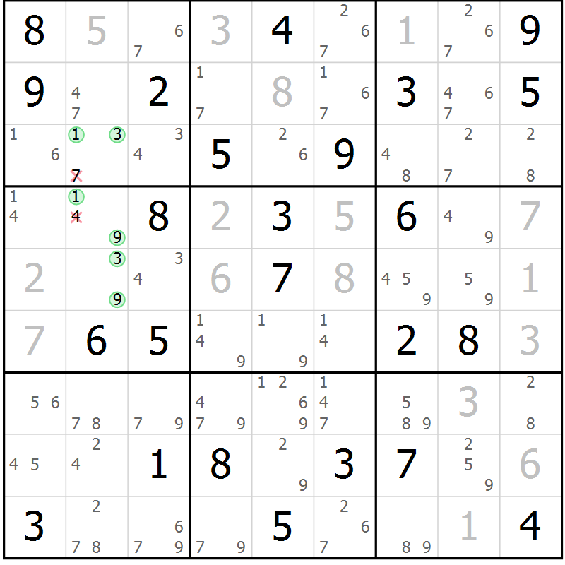 Position des candidats pour la solution de la Gr 46 page 49 du magazine de sudoku Maestro n° 086
