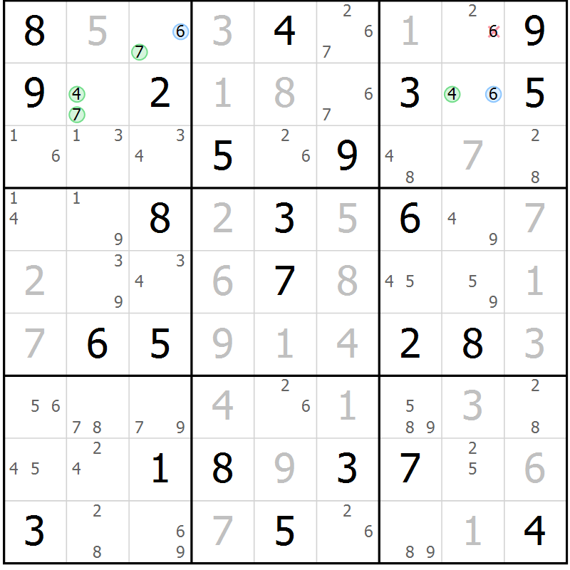 Position des candidats pour la solution de la Gr 46 page 49 du magazine de sudoku Maestro n° 086