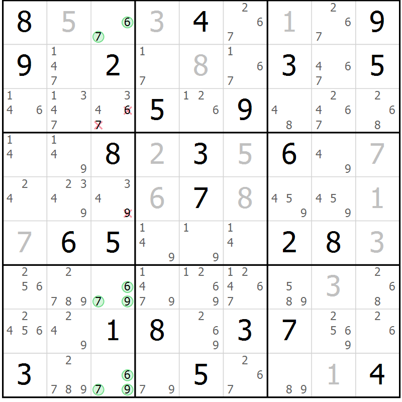 Position des candidats pour la solution de la Gr 46 page 49 du magazine de sudoku Maestro n° 086