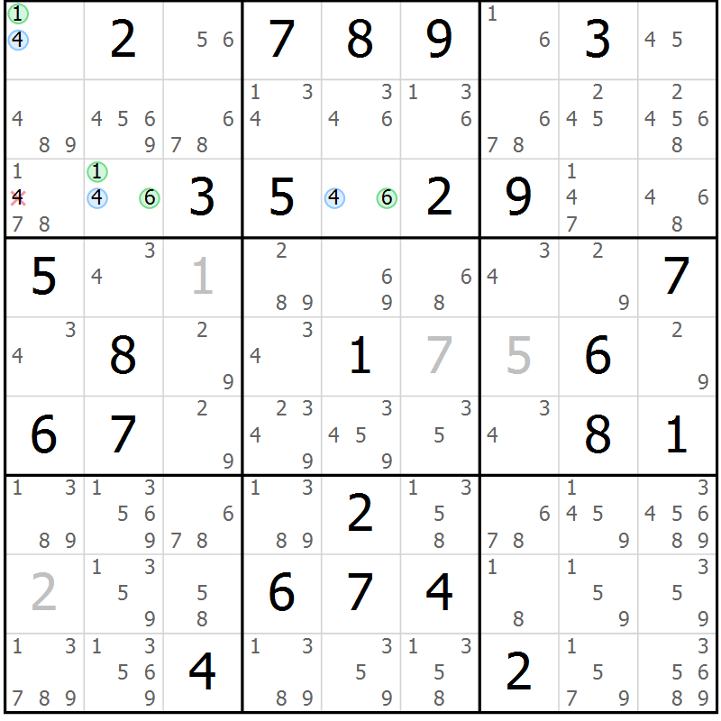 Position des candidats pour la solution de la Gr 48 page 51 du magazine de sudoku Maestro n° 086