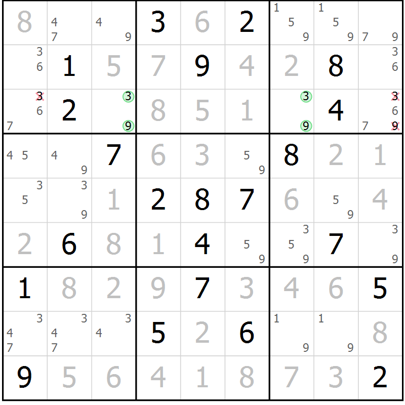 Position des candidats pour la solution de la Gr 5 page 8 du magazine de sudoku Maestro n° 086