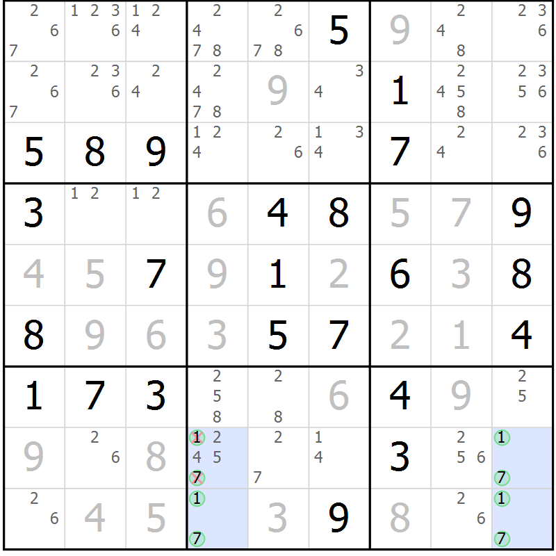 Position des candidats pour la solution de la Gr 50 page 53 du magazine de sudoku Maestro n° 086