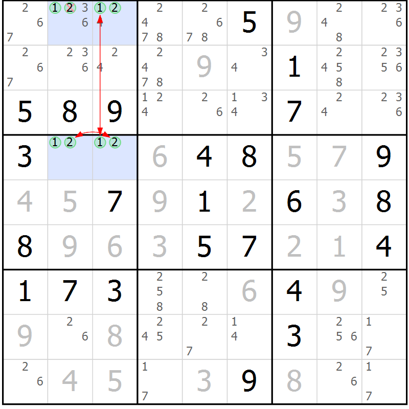 Position des candidats pour la solution de la Gr 50 page 53 du magazine de sudoku Maestro n° 086
