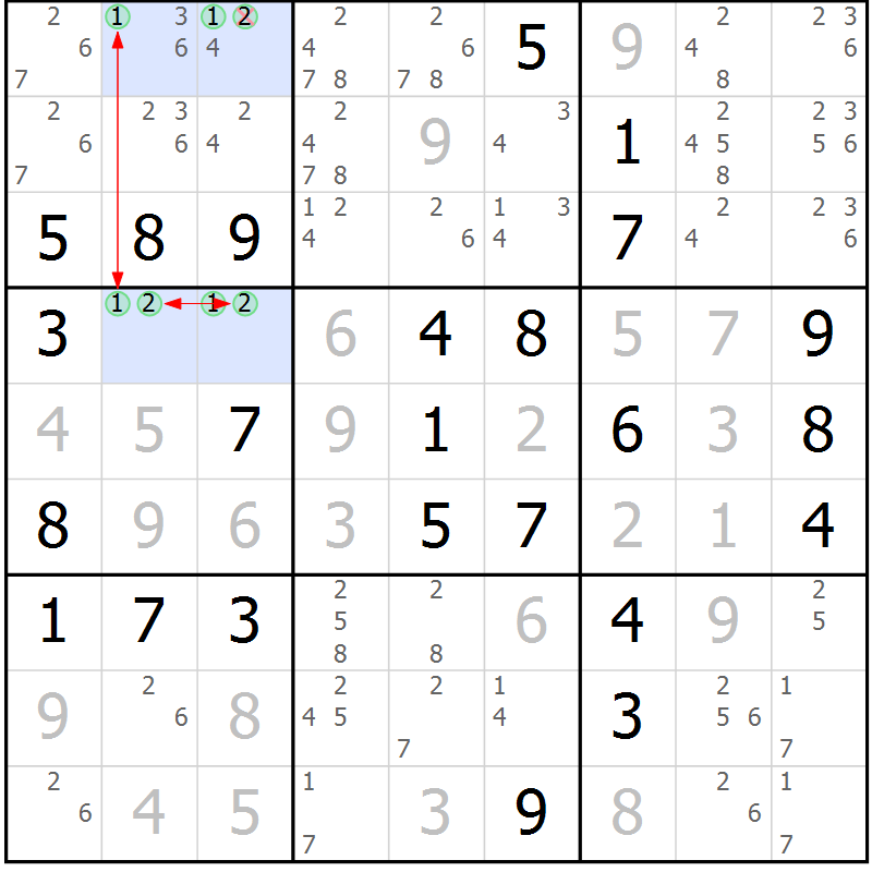 Position des candidats pour la solution de la Gr 50 page 53 du magazine de sudoku Maestro n° 086