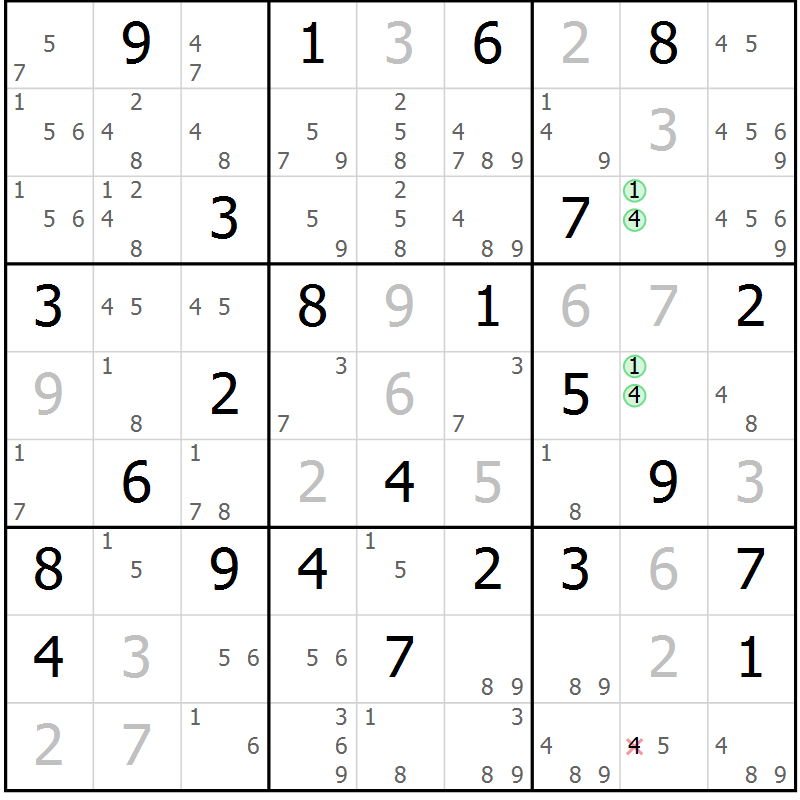 Position des candidats pour la solution de la Gr 51 page 54 du magazine de sudoku Maestro n° 086