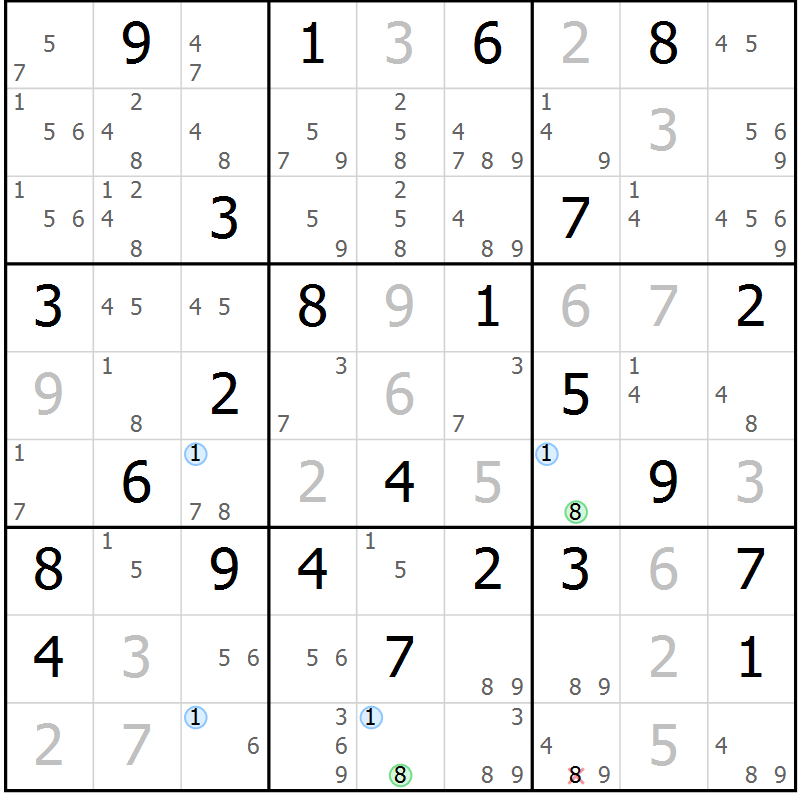 Position des candidats pour la solution de la Gr 51 page 54 du magazine de sudoku Maestro n° 086