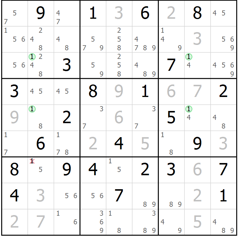 Position des candidats pour la solution de la Gr 51 page 54 du magazine de sudoku Maestro n° 086