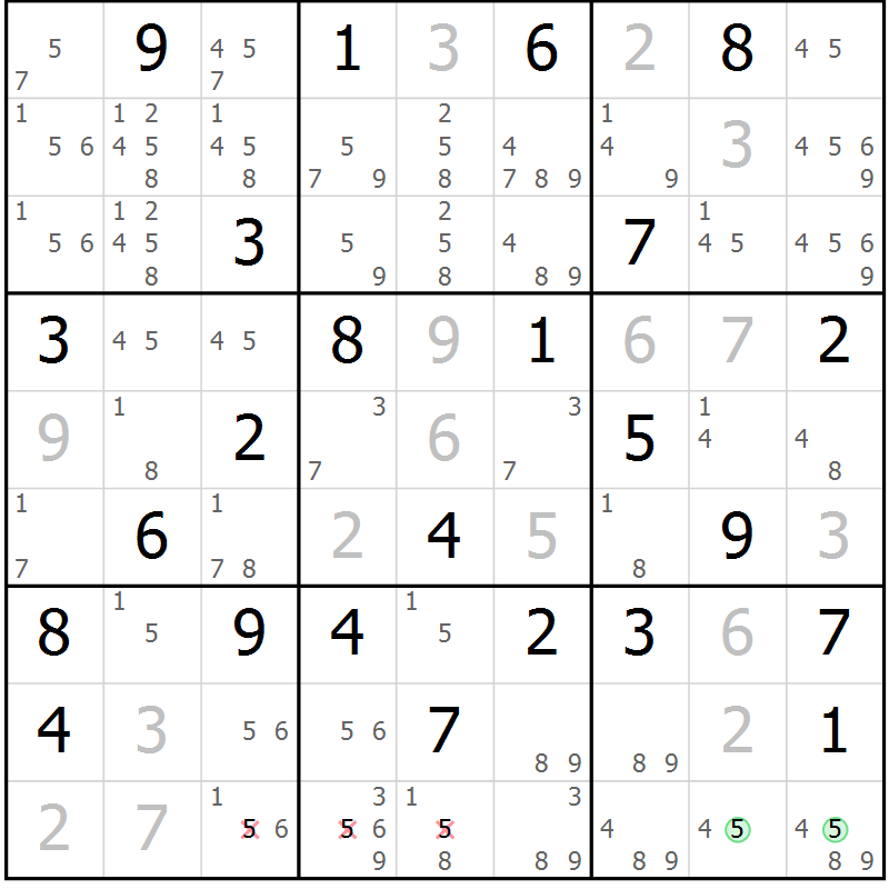 Position des candidats pour la solution de la Gr 51 page 54 du magazine de sudoku Maestro n° 086