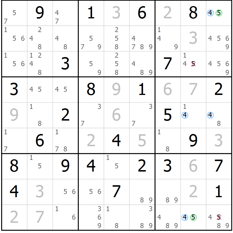 Position des candidats pour la solution de la Gr 51 page 54 du magazine de sudoku Maestro n° 086