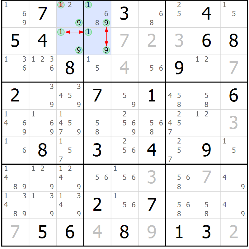 Position des candidats pour la solution de la Gr 52 page 55 du magazine de sudoku Maestro n° 086