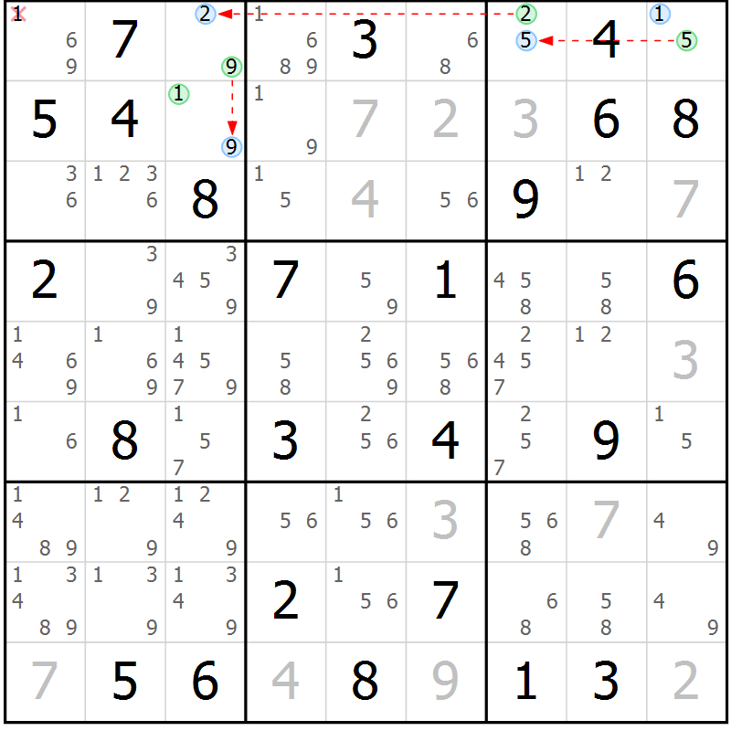 Position des candidats pour la solution de la Gr 52 page 55 du magazine de sudoku Maestro n° 086