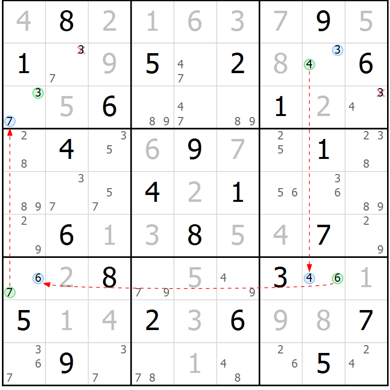 Position des candidats pour la solution de la Gr 54 page 57 du magazine de sudoku Maestro n° 086