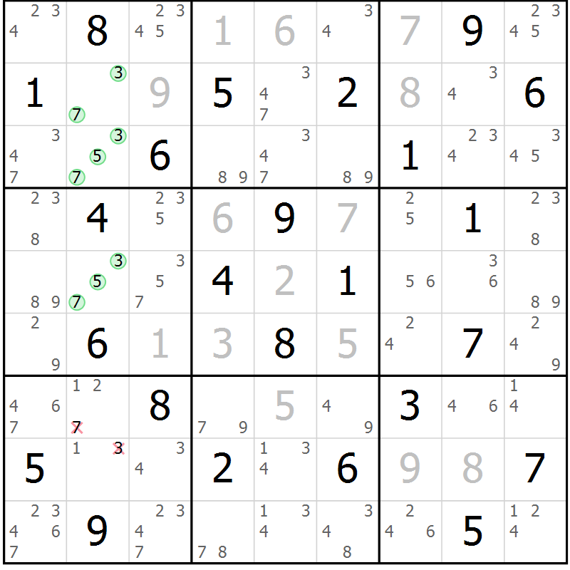 Position des candidats pour la solution de la Gr 54 page 57 du magazine de sudoku Maestro n° 086