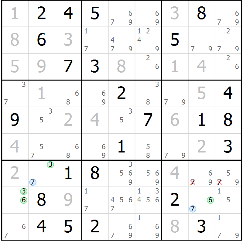 Position des candidats pour la solution de la Gr 55 page 58 du magazine de sudoku Maestro n° 086