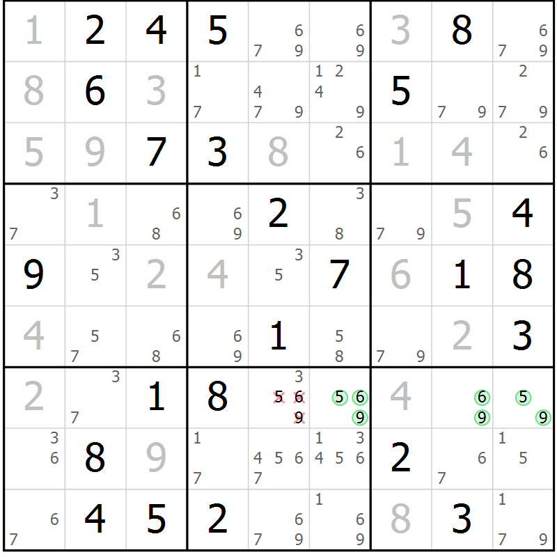 Position des candidats pour la solution de la Gr 55 page 58 du magazine de sudoku Maestro n° 086