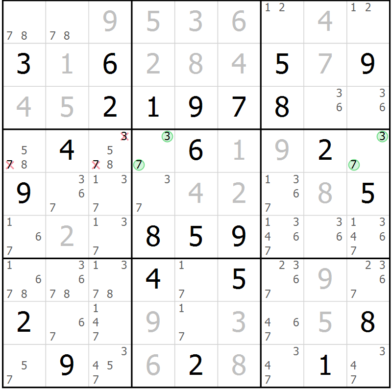 Position des candidats pour la solution de la Gr 57 page 60 du magazine de sudoku Maestro n° 086