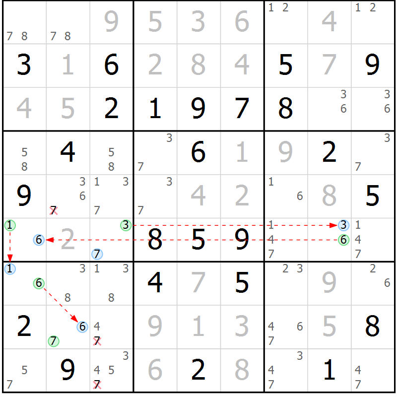 Position des candidats pour la solution de la Gr 57 page 60 du magazine de sudoku Maestro n° 086