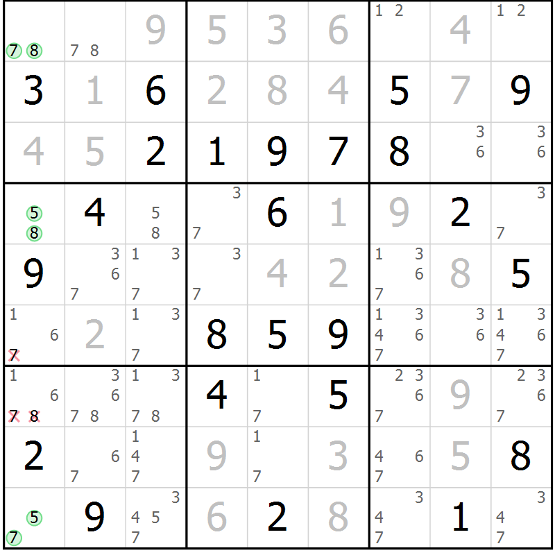 Position des candidats pour la solution de la Gr 57 page 60 du magazine de sudoku Maestro n° 086