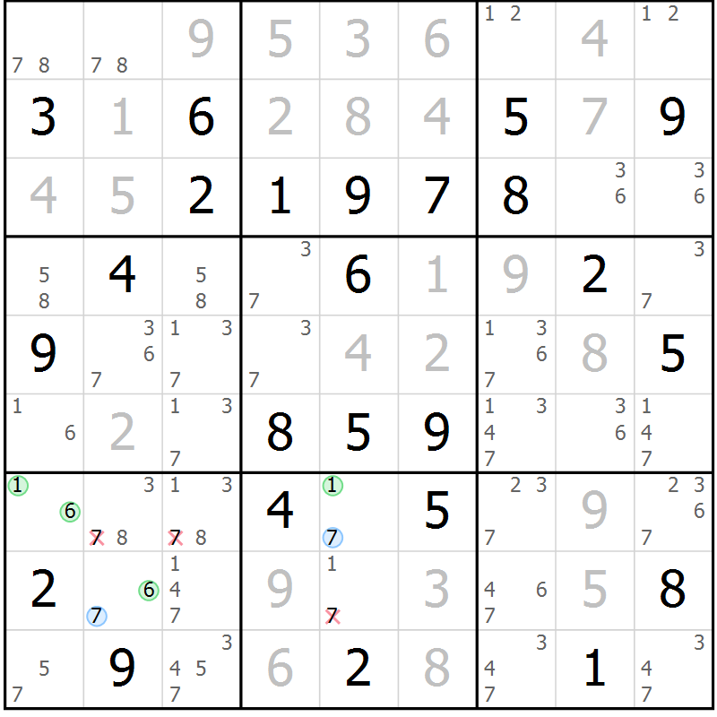 Position des candidats pour la solution de la Gr 57 page 60 du magazine de sudoku Maestro n° 086
