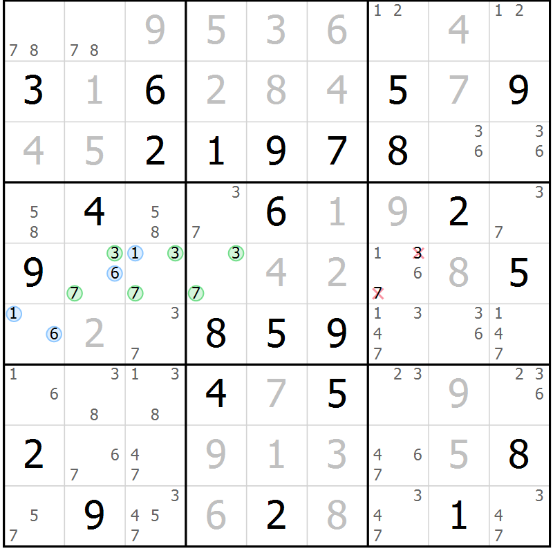 Position des candidats pour la solution de la Gr 57 page 60 du magazine de sudoku Maestro n° 086