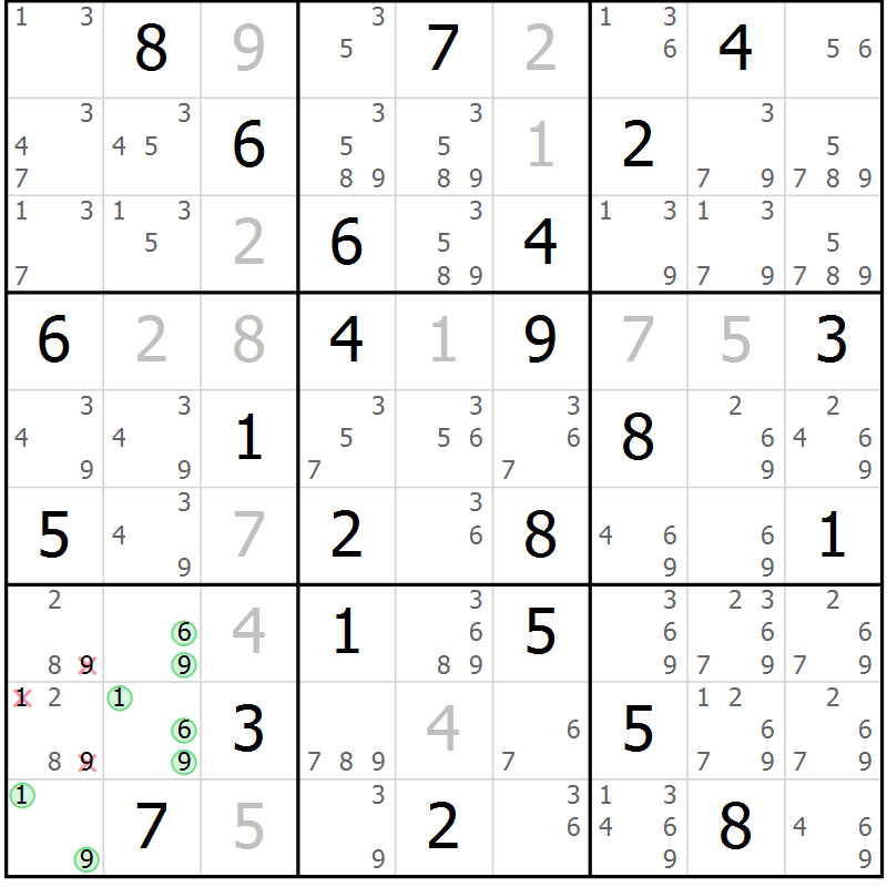 Position des candidats pour la solution de la Gr 58 page 61 du magazine de sudoku Maestro n° 086