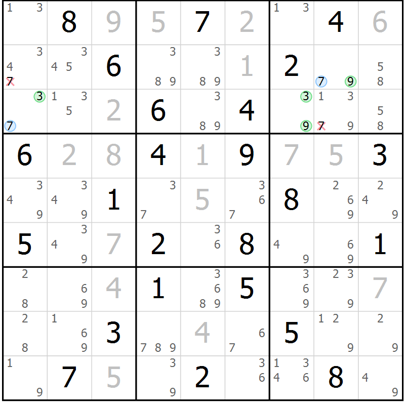 Position des candidats pour la solution de la Gr 58 page 61 du magazine de sudoku Maestro n° 086