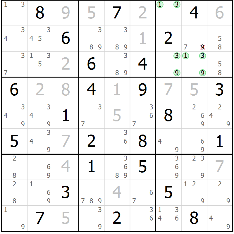 Position des candidats pour la solution de la Gr 58 page 61 du magazine de sudoku Maestro n° 086