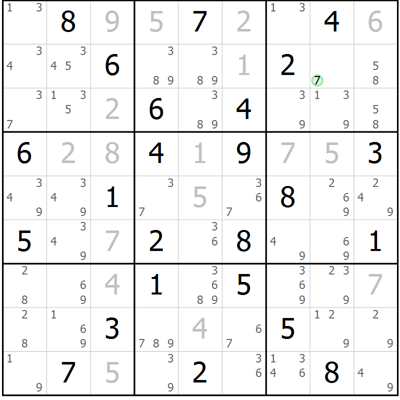 Position des candidats pour la solution de la Gr 58 page 61 du magazine de sudoku Maestro n° 086