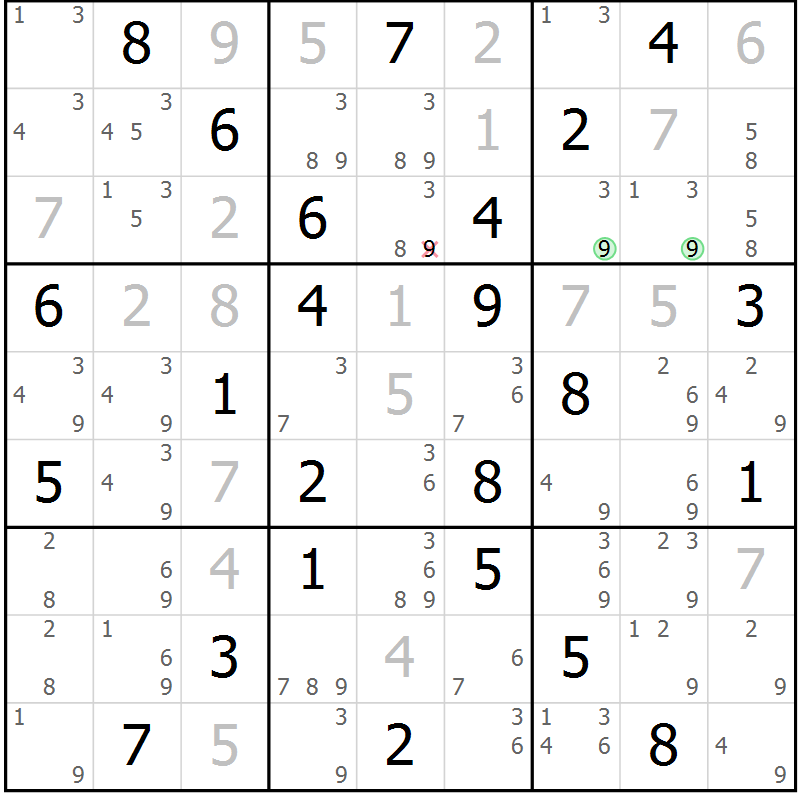 Position des candidats pour la solution de la Gr 58 page 61 du magazine de sudoku Maestro n° 086