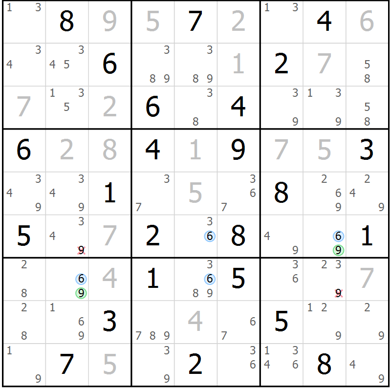 Position des candidats pour la solution de la Gr 58 page 61 du magazine de sudoku Maestro n° 086