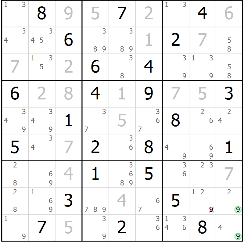 Position des candidats pour la solution de la Gr 58 page 61 du magazine de sudoku Maestro n° 086