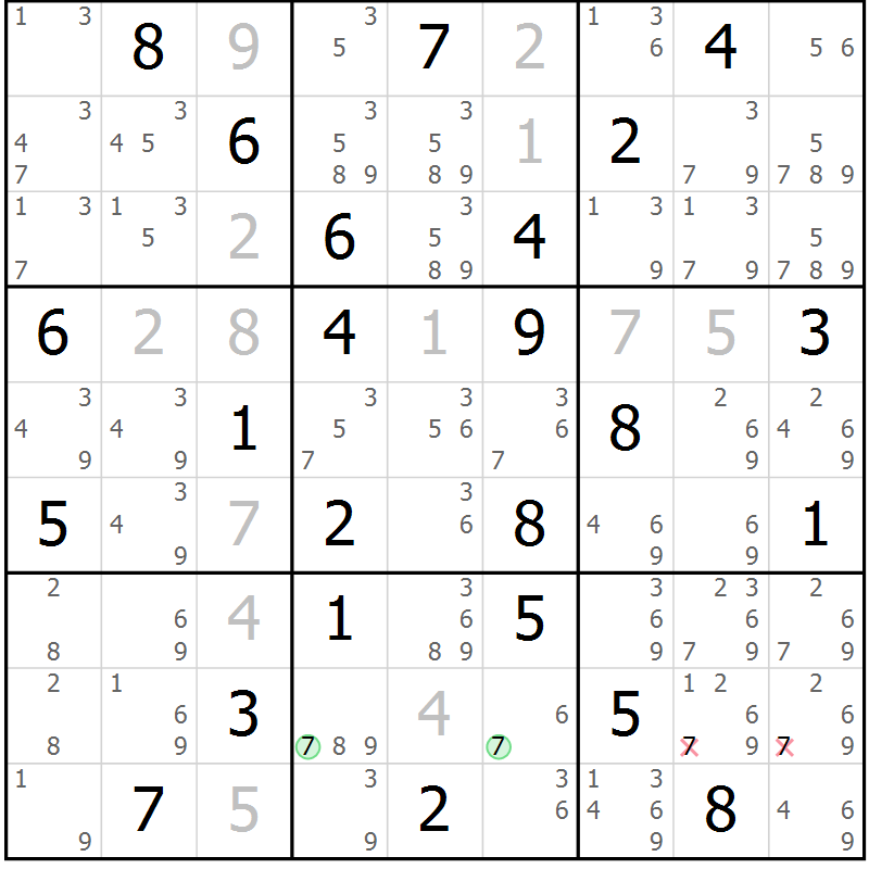 Position des candidats pour la solution de la Gr 58 page 61 du magazine de sudoku Maestro n° 086