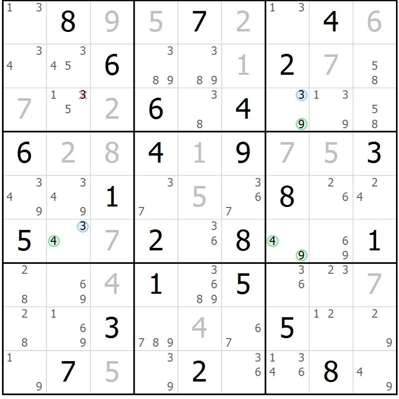 Position des candidats pour la solution de la Gr 58 page 61 du magazine de sudoku Maestro n° 086