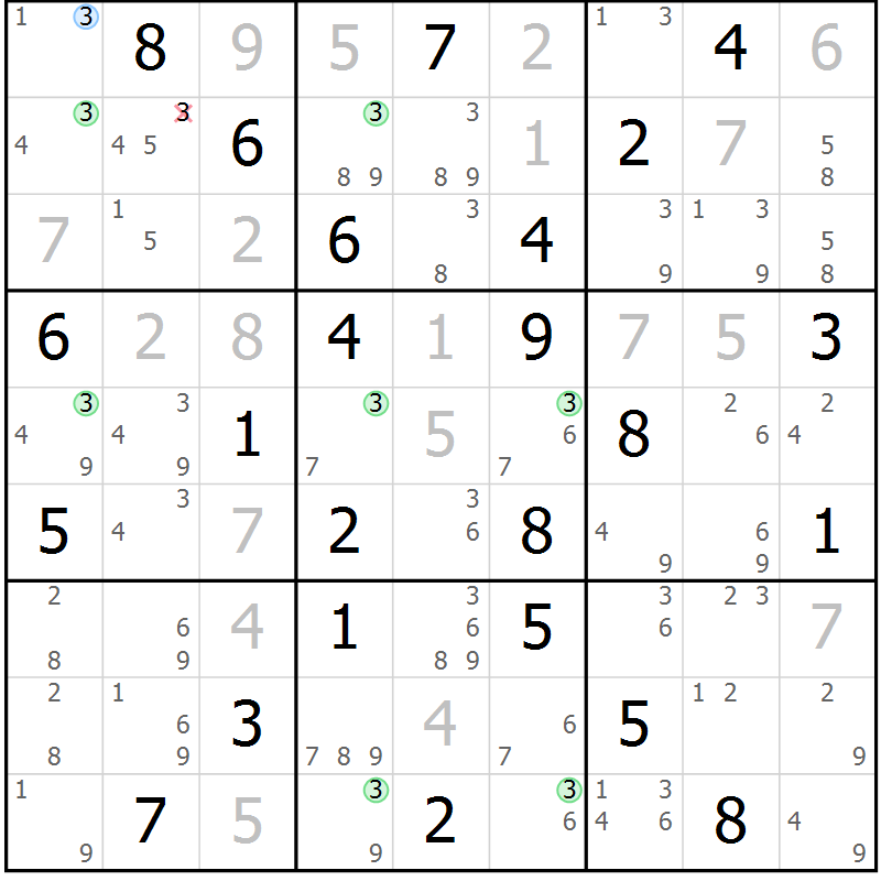 Position des candidats pour la solution de la Gr 58 page 61 du magazine de sudoku Maestro n° 086