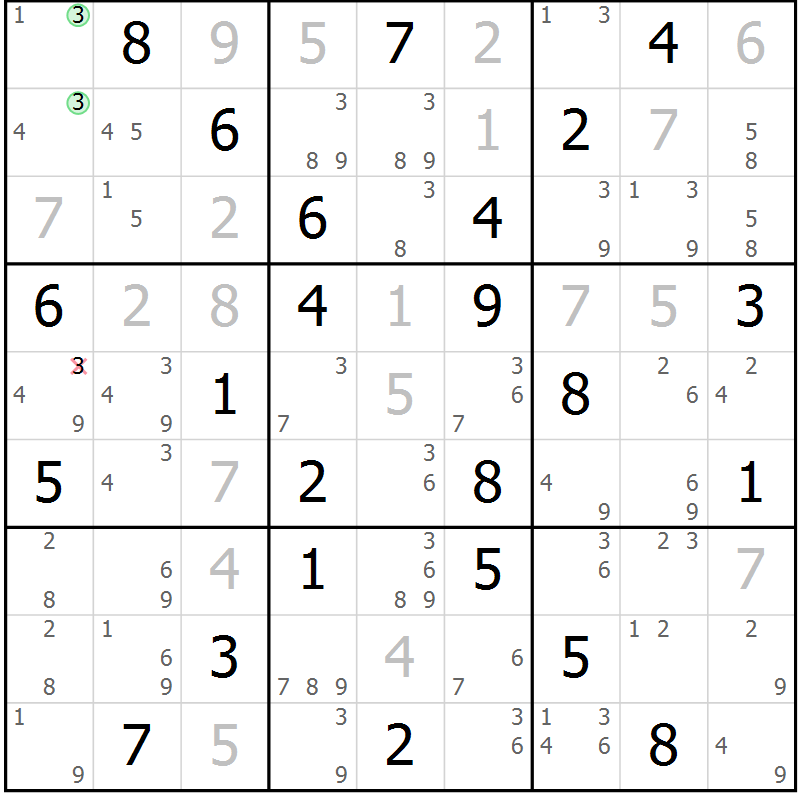 Position des candidats pour la solution de la Gr 58 page 61 du magazine de sudoku Maestro n° 086
