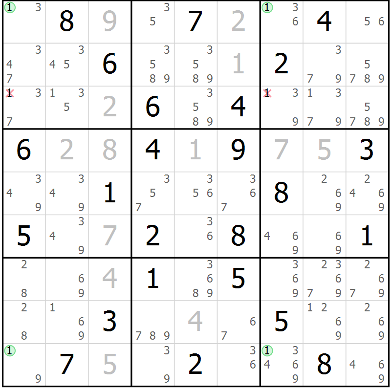 Position des candidats pour la solution de la Gr 58 page 61 du magazine de sudoku Maestro n° 086