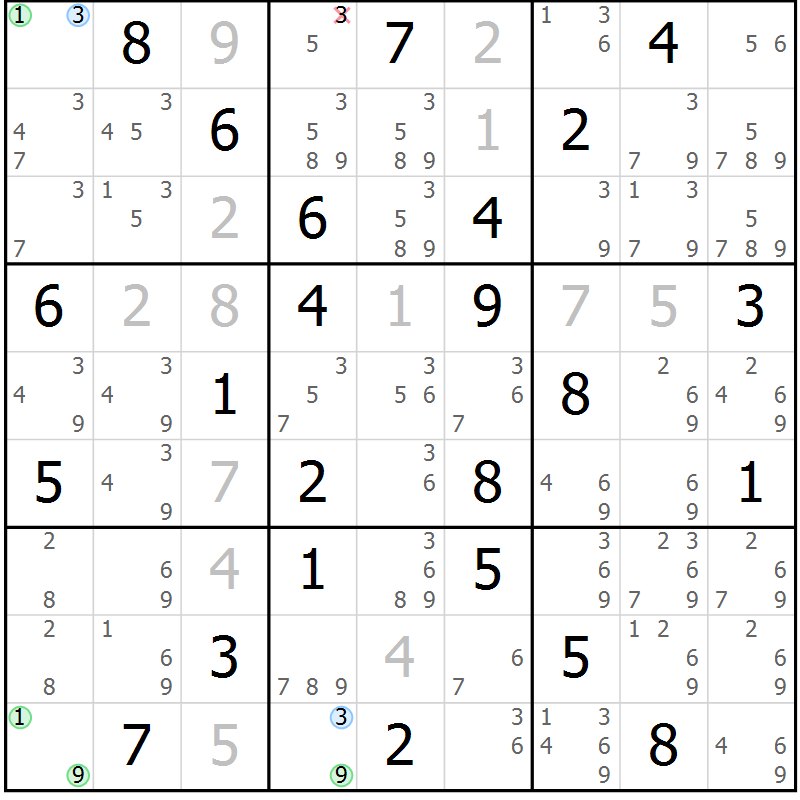 Position des candidats pour la solution de la Gr 58 page 61 du magazine de sudoku Maestro n° 086