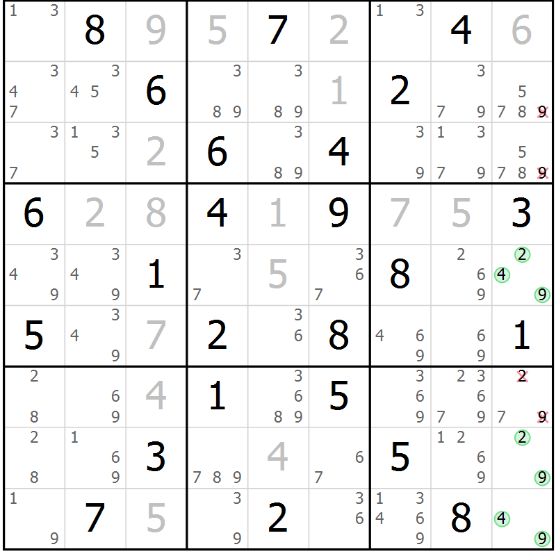 Position des candidats pour la solution de la Gr 58 page 61 du magazine de sudoku Maestro n° 086