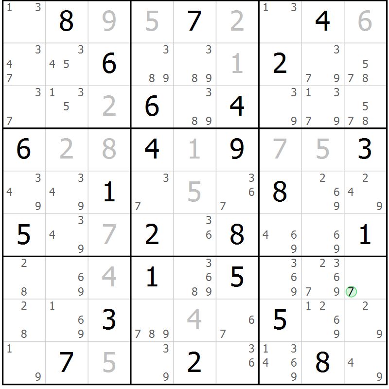 Position des candidats pour la solution de la Gr 58 page 61 du magazine de sudoku Maestro n° 086