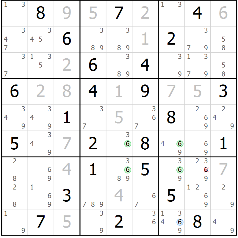 Position des candidats pour la solution de la Gr 58 page 61 du magazine de sudoku Maestro n° 086