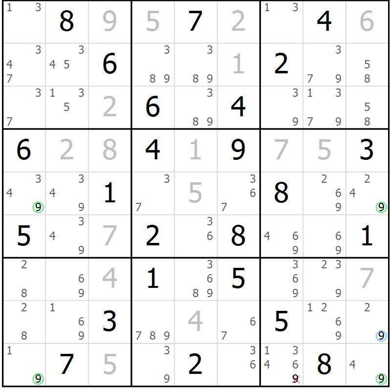 Position des candidats pour la solution de la Gr 58 page 61 du magazine de sudoku Maestro n° 086