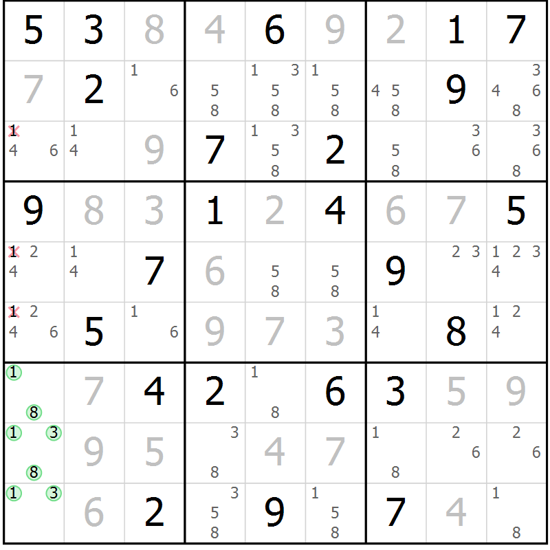 Position des candidats pour la solution de la Gr 59 page 62 du magazine de sudoku Maestro n° 086