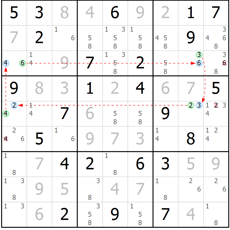 Position des candidats pour la solution de la Gr 59 page 62 du magazine de sudoku Maestro n° 086
