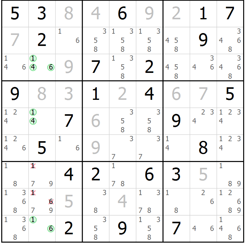 Position des candidats pour la solution de la Gr 59 page 62 du magazine de sudoku Maestro n° 086
