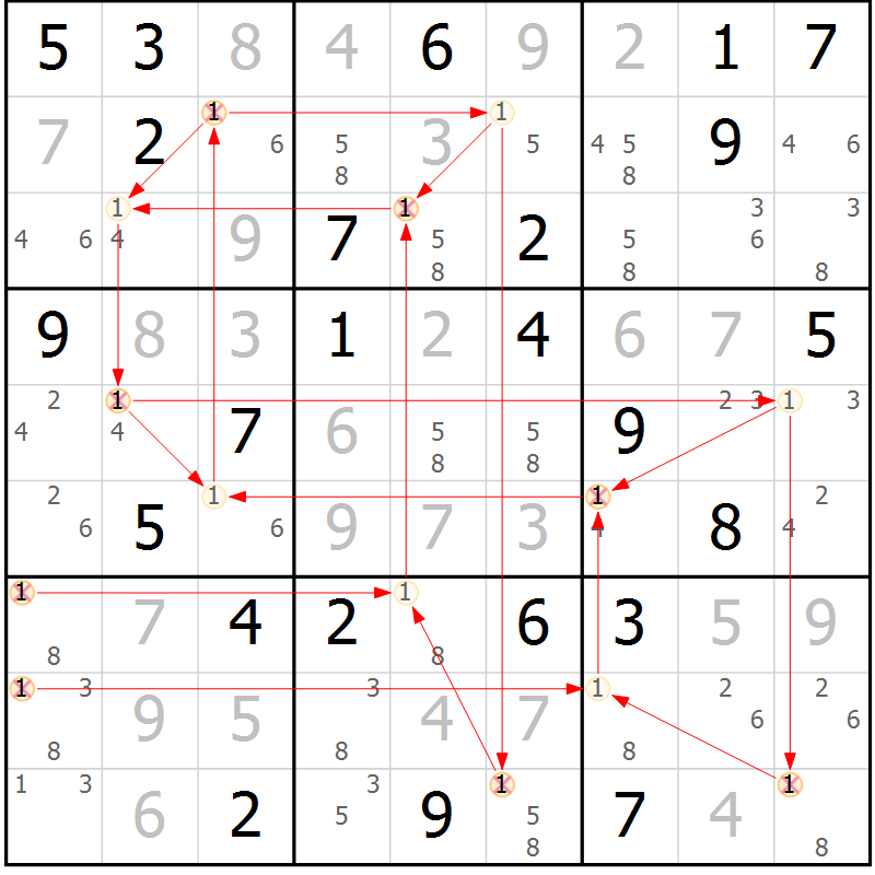 Position des candidats pour la solution de la Gr 59 page 62 du magazine de sudoku Maestro n° 086